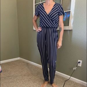 Express XS worn once navy striped jumpsuit